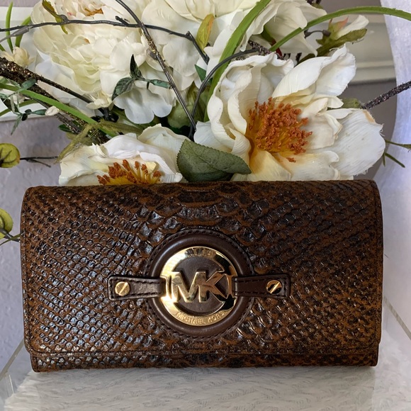 Michael Kors Handbags - Michael Kors Brown Python Embossed Leather Fulton Wallet